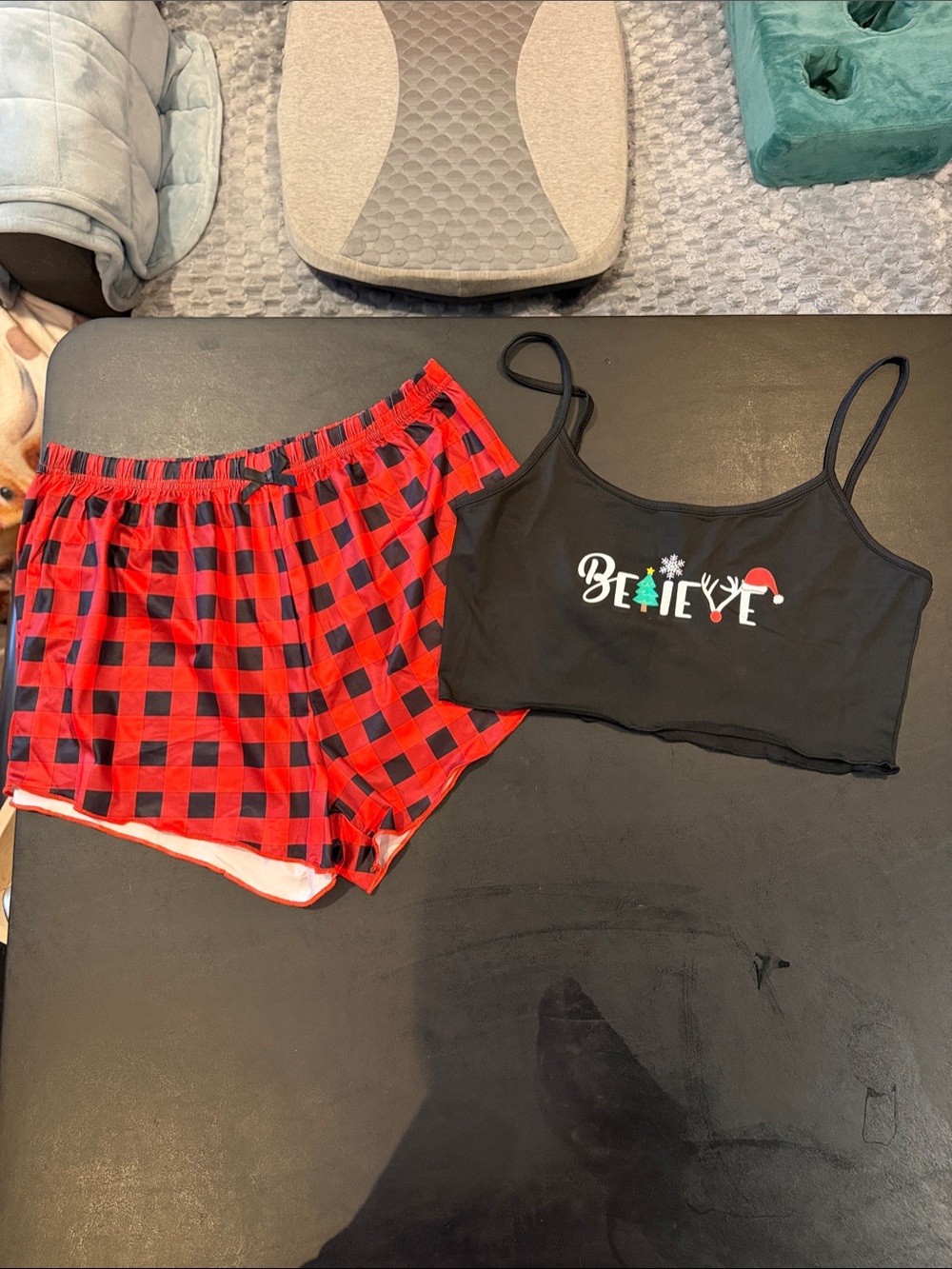 Women's Black 'Believe' Cropped Cami with Red Plaid Sleep Shorts Set